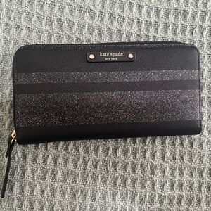 Kate spade Large Wallet black glitter stripe Continental Zip Around Wallet